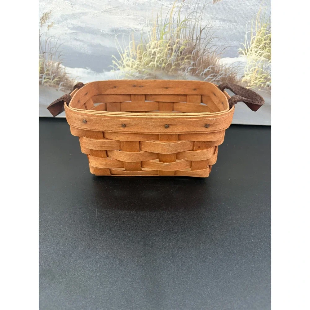 Longaberger 1989 Rectangular Woven Wood Basket with Leather Handles Dresden Ohio